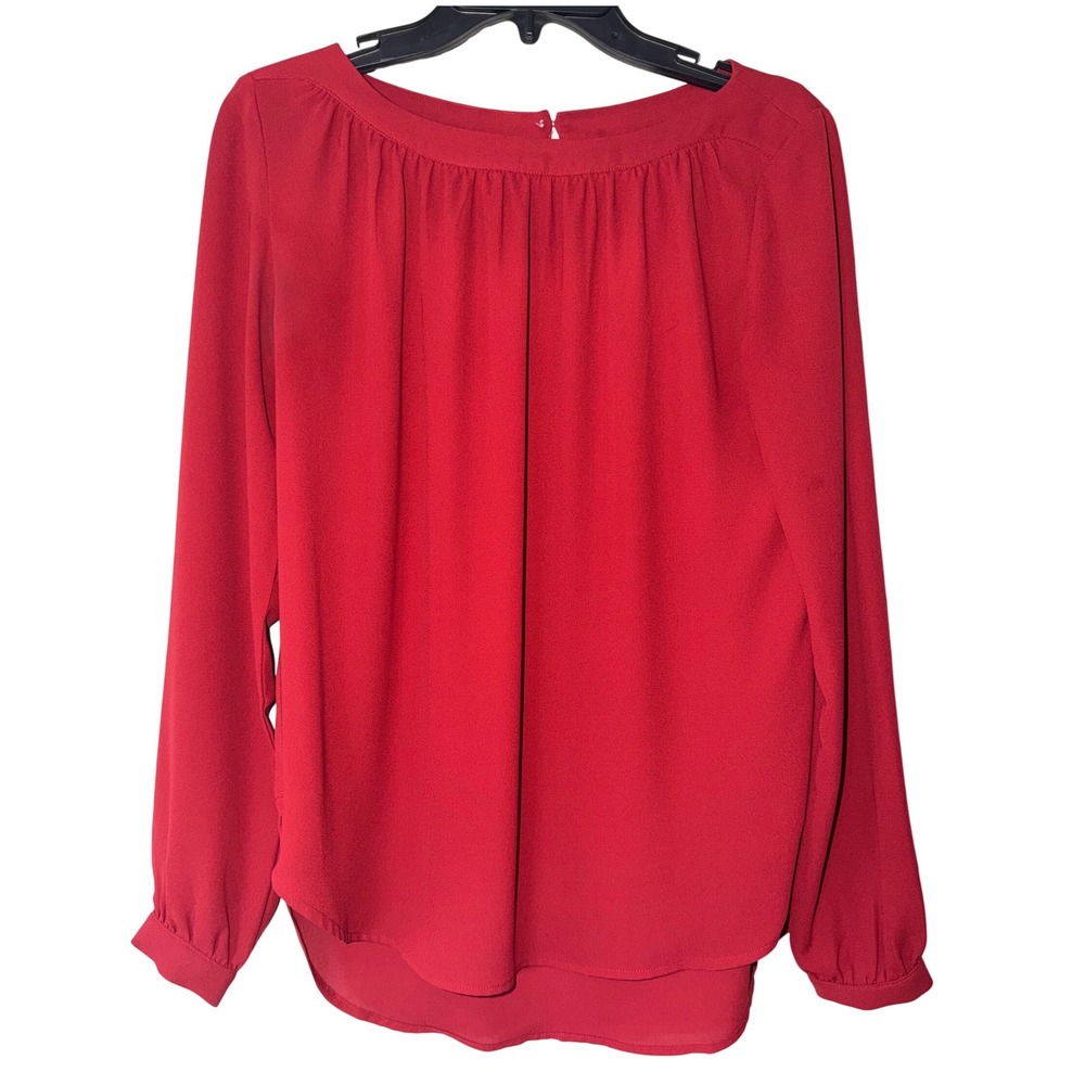 LOFT Womens XS Red Long Sleeve Pleated Scoop‎ Neck Keyhole Blouse Top